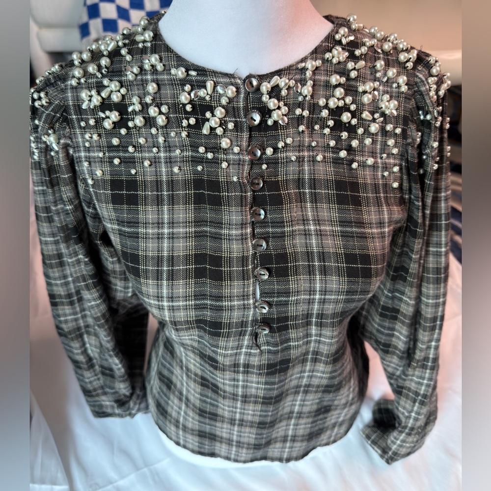 Pearl-Embellished Olive Plaid Button-Down Shirt